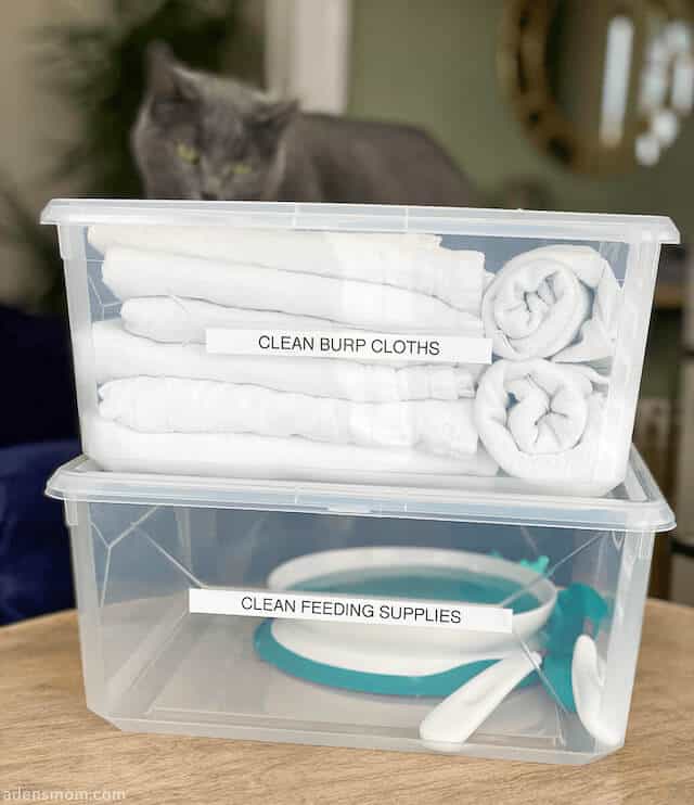 label everything in plastic bins new mom hack